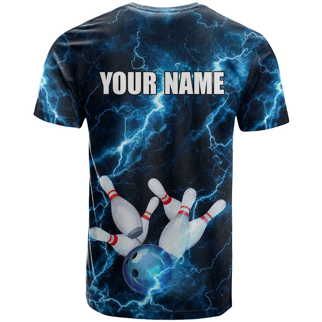 Personalized Bowling Ball Strike Graphic T Shirt Blue Lightning Storm and Electric Energy - Wonder Print Shop