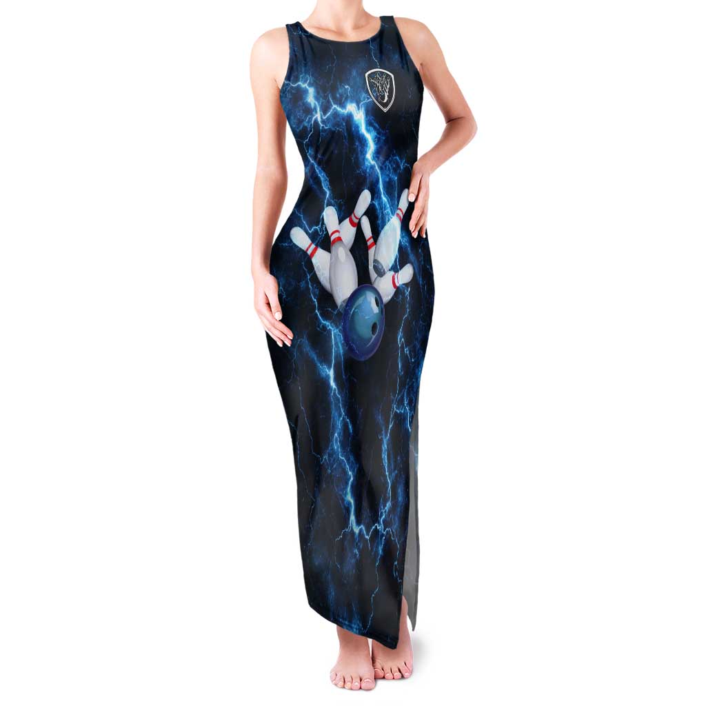 Personalized Bowling Ball Strike Graphic Tank Maxi Dress Blue Lightning Storm and Electric Energy - Wonder Print Shop