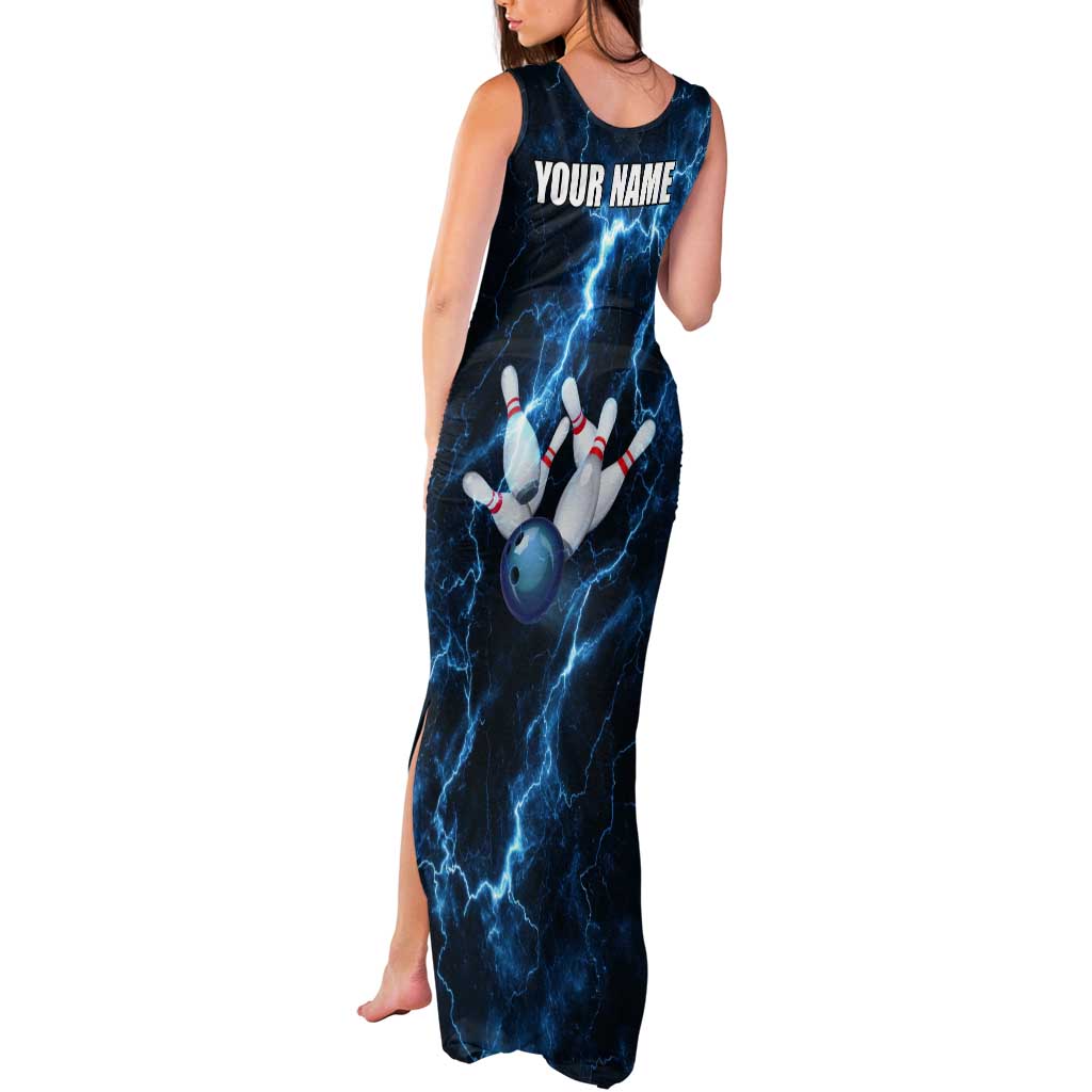 Personalized Bowling Ball Strike Graphic Tank Maxi Dress Blue Lightning Storm and Electric Energy - Wonder Print Shop
