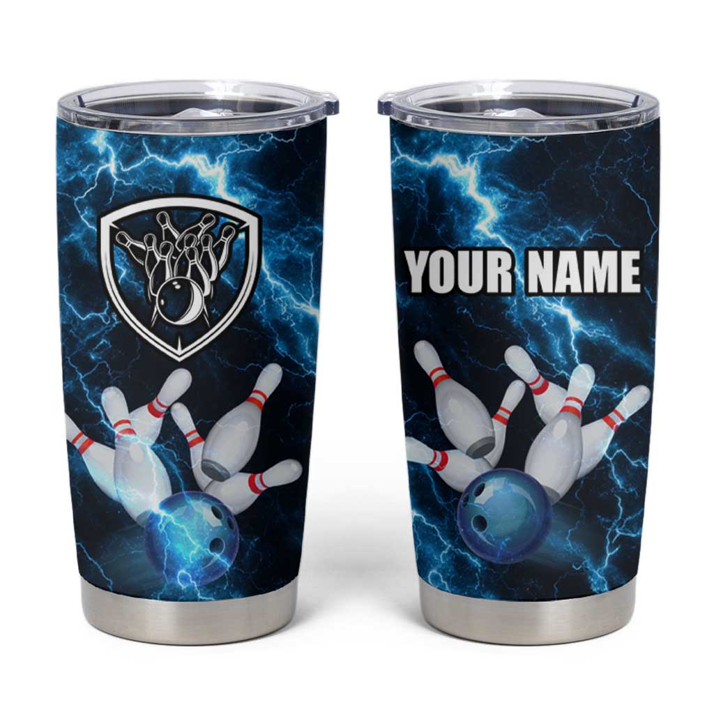 Personalized Bowling Ball Strike Graphic Tumbler Cup Blue Lightning Storm and Electric Energy - Wonder Print Shop