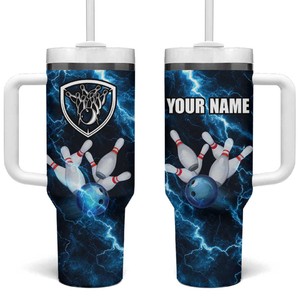 Personalized Bowling Ball Strike Graphic Tumbler With Handle Blue Lightning Storm and Electric Energy - Wonder Print Shop