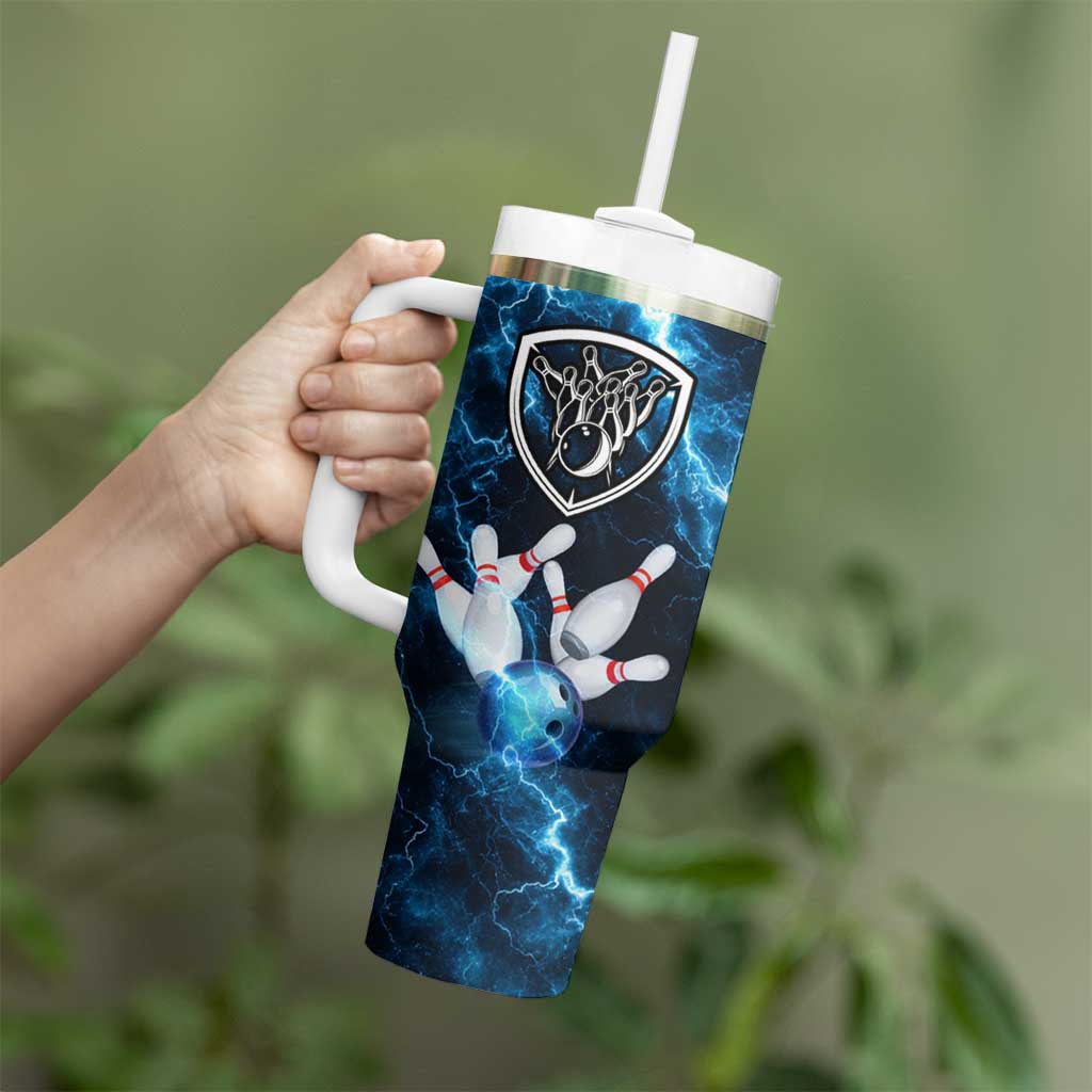 Personalized Bowling Ball Strike Graphic Tumbler With Handle Blue Lightning Storm and Electric Energy - Wonder Print Shop