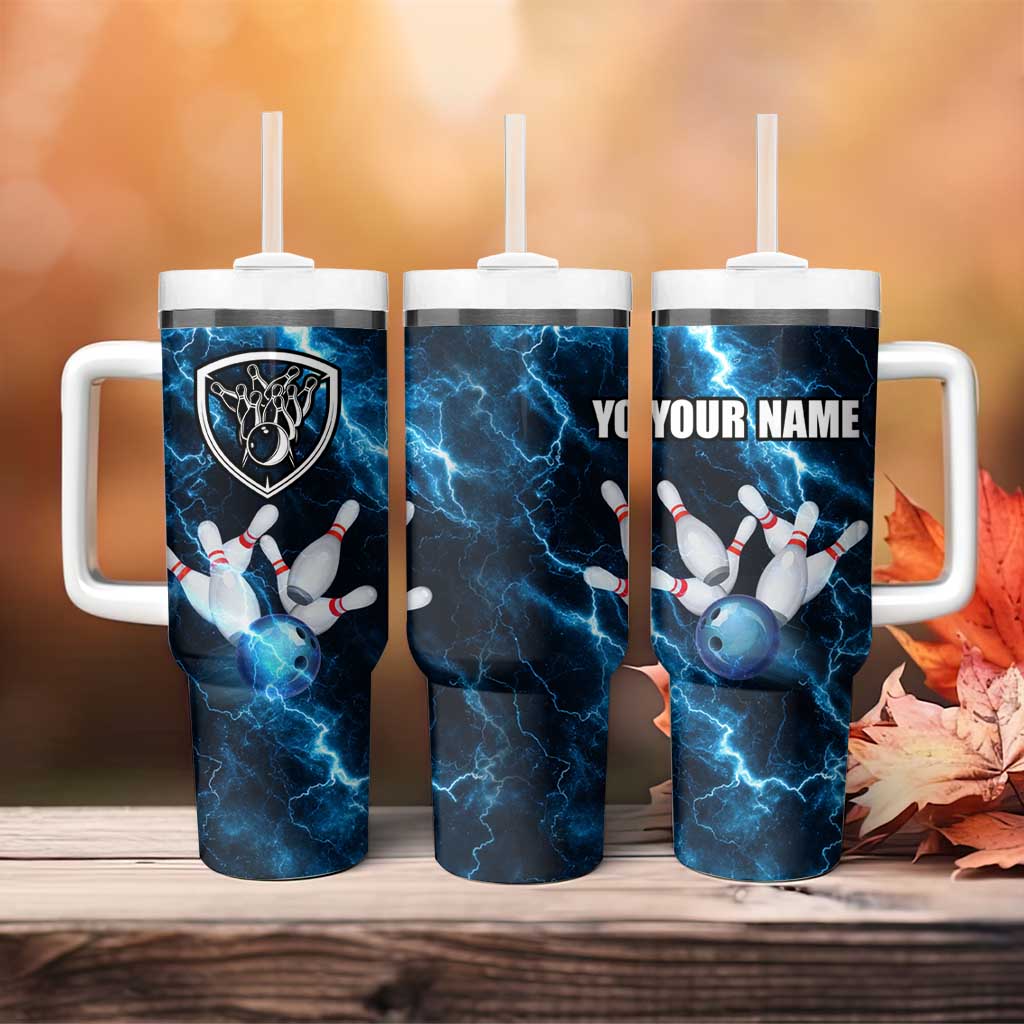 Personalized Bowling Ball Strike Graphic Tumbler With Handle Blue Lightning Storm and Electric Energy - Wonder Print Shop