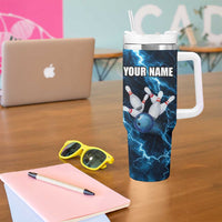 Personalized Bowling Ball Strike Graphic Tumbler With Handle Blue Lightning Storm and Electric Energy - Wonder Print Shop