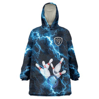 Personalized Bowling Ball Strike Graphic Wearable Blanket Hoodie Blue Lightning Storm and Electric Energy - Wonder Print Shop