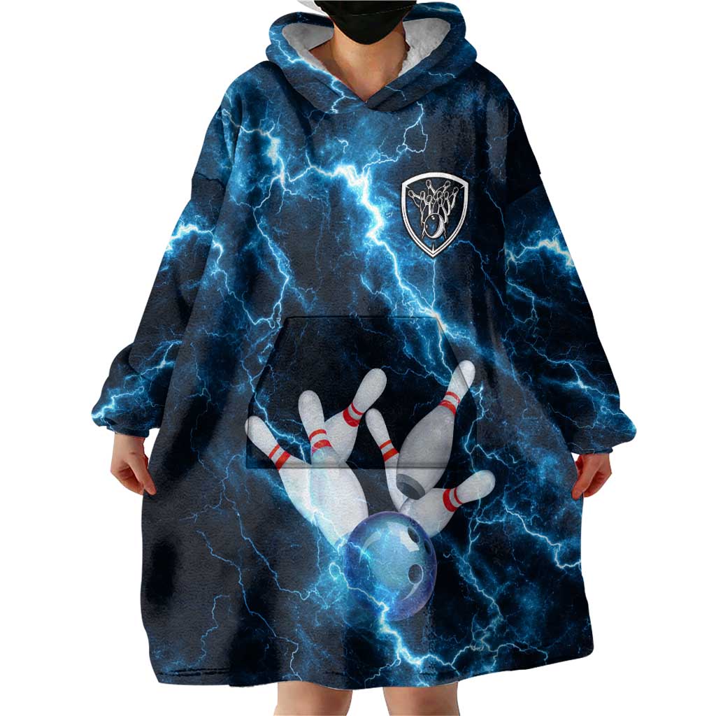 Personalized Bowling Ball Strike Graphic Wearable Blanket Hoodie Blue Lightning Storm and Electric Energy - Wonder Print Shop