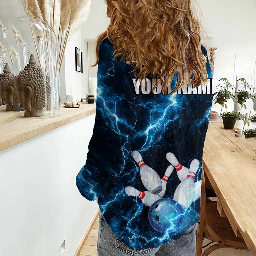 Personalized Bowling Ball Strike Graphic Women Casual Shirt Blue Lightning Storm and Electric Energy - Wonder Print Shop