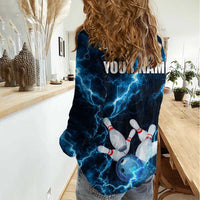 Personalized Bowling Ball Strike Graphic Women Casual Shirt Blue Lightning Storm and Electric Energy - Wonder Print Shop