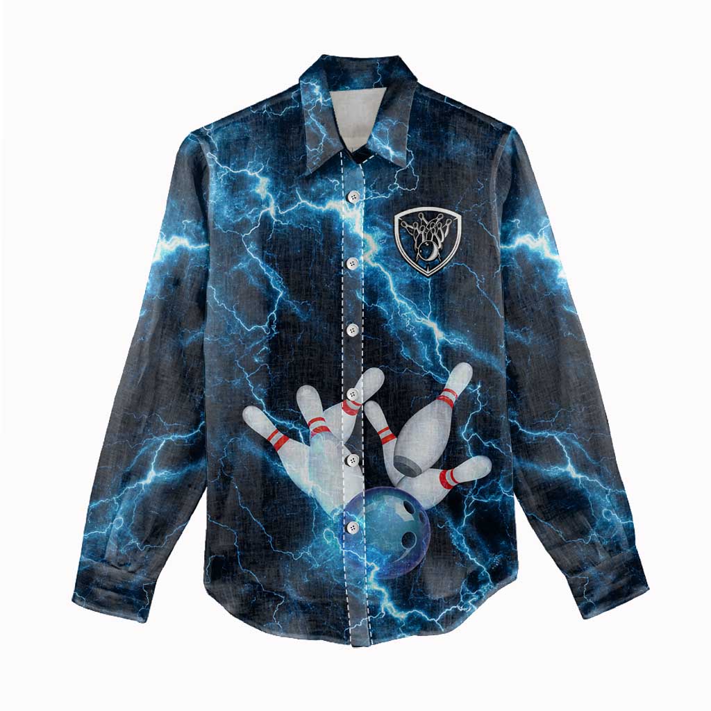 Personalized Bowling Ball Strike Graphic Women Casual Shirt Blue Lightning Storm and Electric Energy - Wonder Print Shop