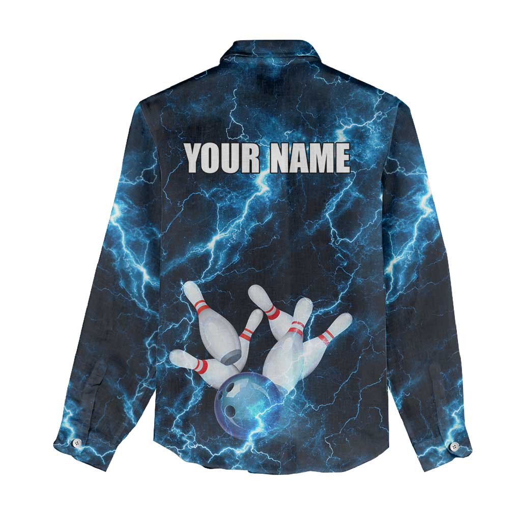 Personalized Bowling Ball Strike Graphic Women Casual Shirt Blue Lightning Storm and Electric Energy - Wonder Print Shop