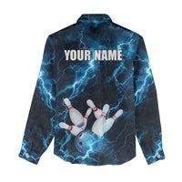 Personalized Bowling Ball Strike Graphic Women Casual Shirt Blue Lightning Storm and Electric Energy - Wonder Print Shop