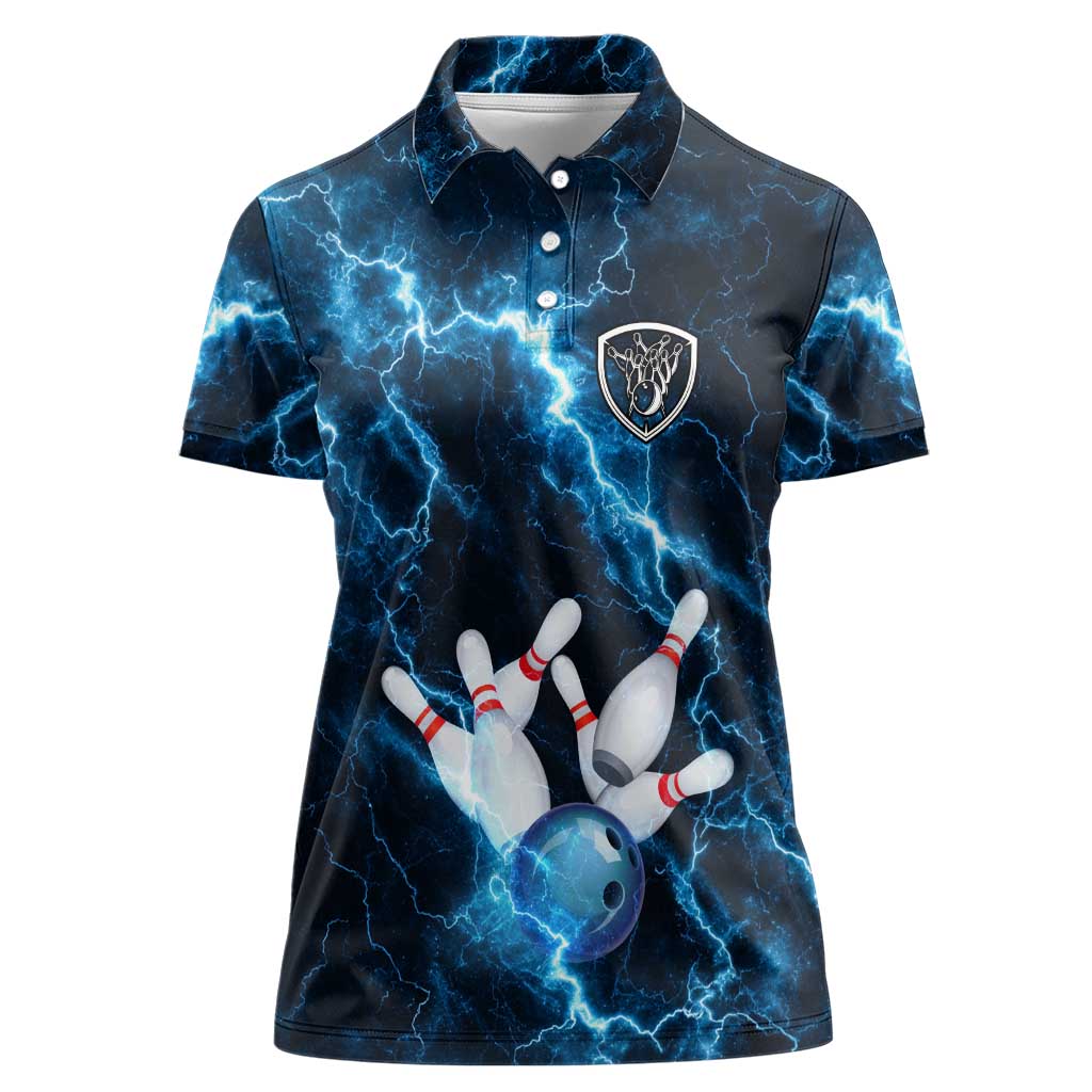 Personalized Bowling Ball Strike Graphic Women Polo Shirt Blue Lightning Storm and Electric Energy - Wonder Print Shop