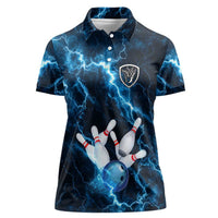 Personalized Bowling Ball Strike Graphic Women Polo Shirt Blue Lightning Storm and Electric Energy - Wonder Print Shop