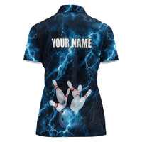 Personalized Bowling Ball Strike Graphic Women Polo Shirt Blue Lightning Storm and Electric Energy - Wonder Print Shop
