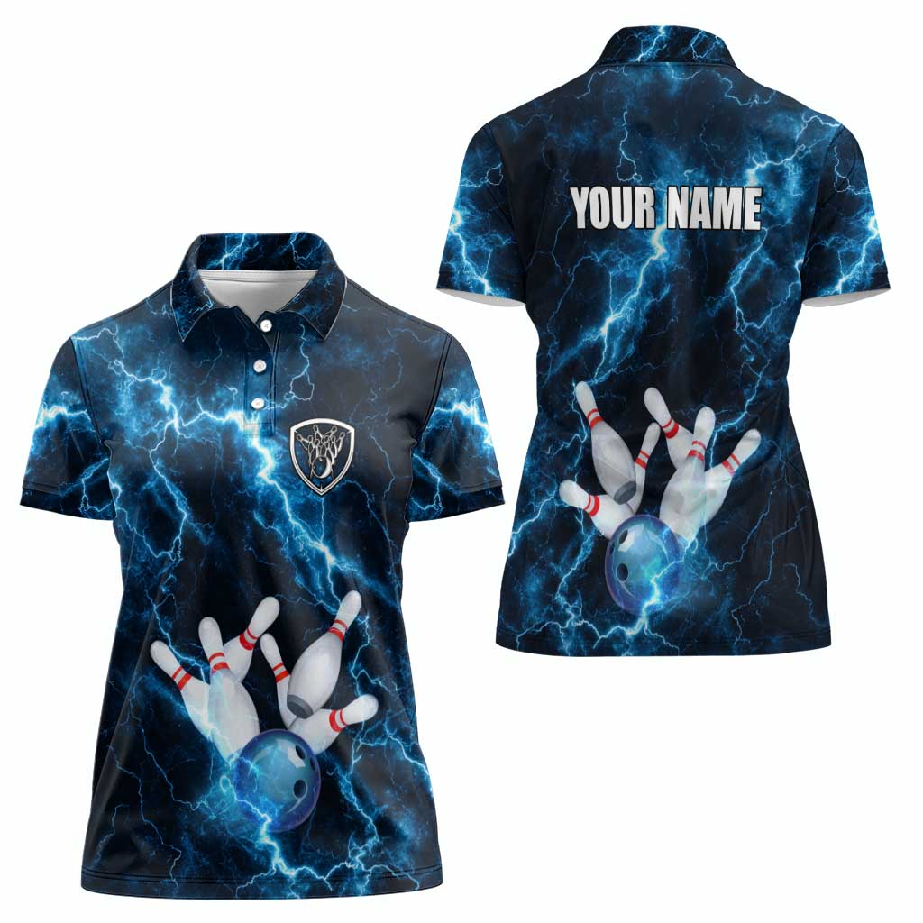 Personalized Bowling Ball Strike Graphic Women Polo Shirt Blue Lightning Storm and Electric Energy - Wonder Print Shop