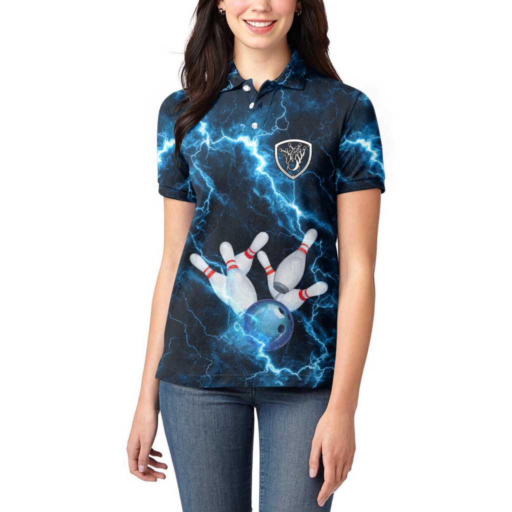 Personalized Bowling Ball Strike Graphic Women Polo Shirt Blue Lightning Storm and Electric Energy - Wonder Print Shop