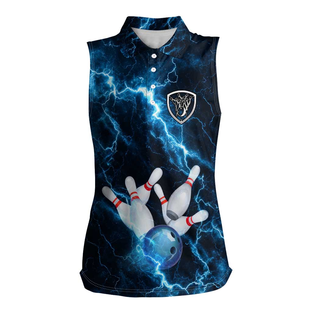Personalized Bowling Ball Strike Graphic Women Sleeveless Polo Shirt Blue Lightning Storm and Electric Energy - Wonder Print Shop