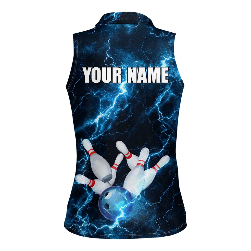 Personalized Bowling Ball Strike Graphic Women Sleeveless Polo Shirt Blue Lightning Storm and Electric Energy - Wonder Print Shop