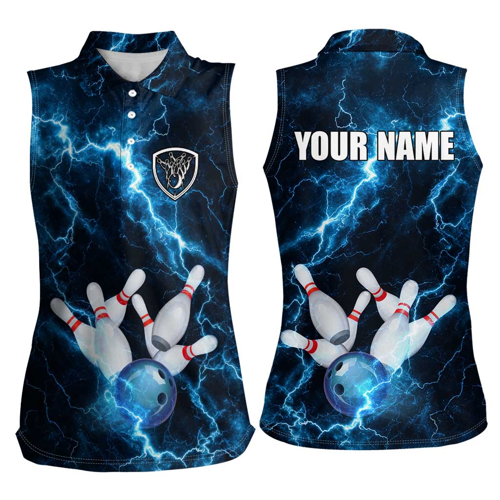 Personalized Bowling Ball Strike Graphic Women Sleeveless Polo Shirt Blue Lightning Storm and Electric Energy - Wonder Print Shop