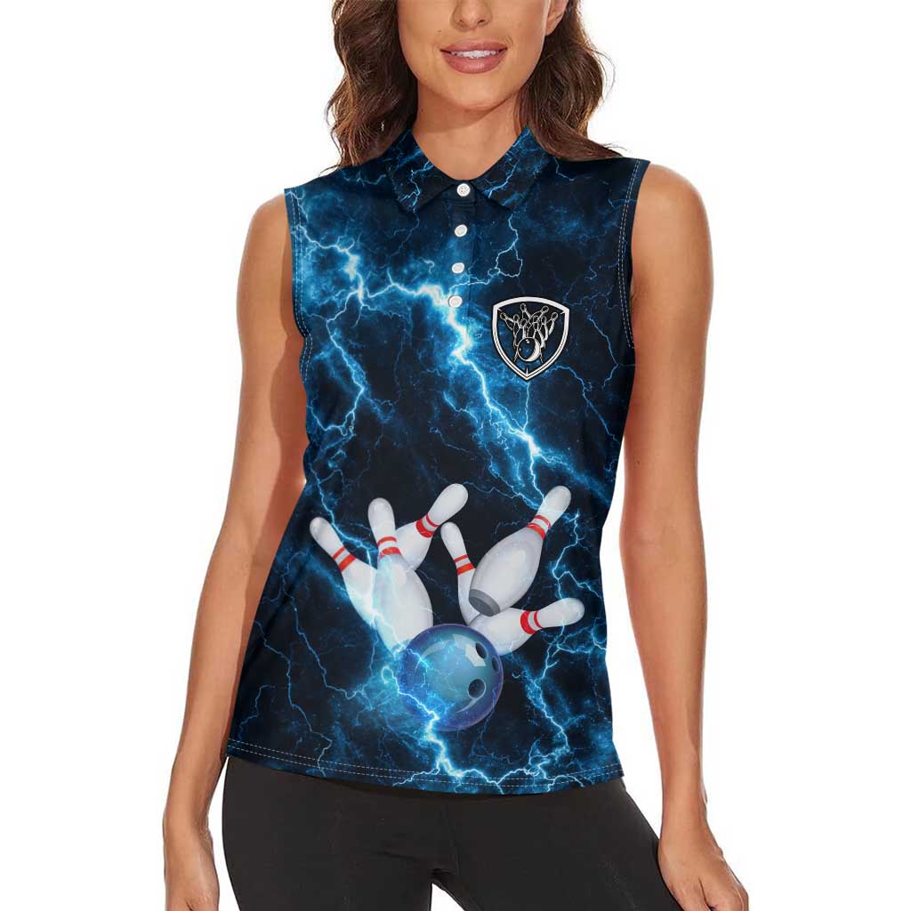 Personalized Bowling Ball Strike Graphic Women Sleeveless Polo Shirt Blue Lightning Storm and Electric Energy - Wonder Print Shop