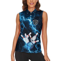 Personalized Bowling Ball Strike Graphic Women Sleeveless Polo Shirt Blue Lightning Storm and Electric Energy - Wonder Print Shop