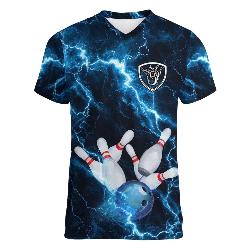 Personalized Bowling Ball Strike Graphic Women V-Neck T-Shirt Blue Lightning Storm and Electric Energy - Wonder Print Shop