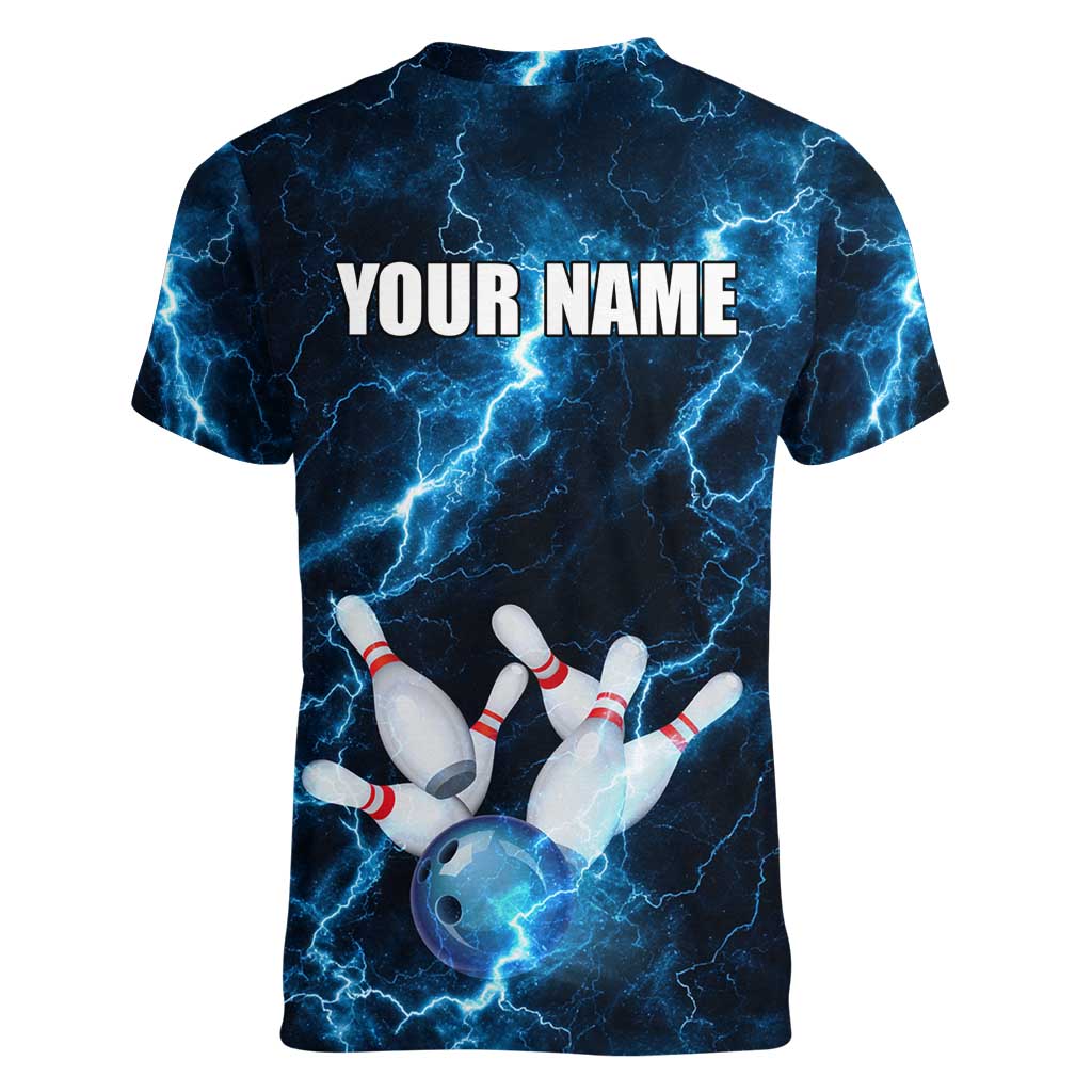Personalized Bowling Ball Strike Graphic Women V-Neck T-Shirt Blue Lightning Storm and Electric Energy - Wonder Print Shop