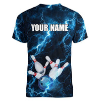Personalized Bowling Ball Strike Graphic Women V-Neck T-Shirt Blue Lightning Storm and Electric Energy - Wonder Print Shop