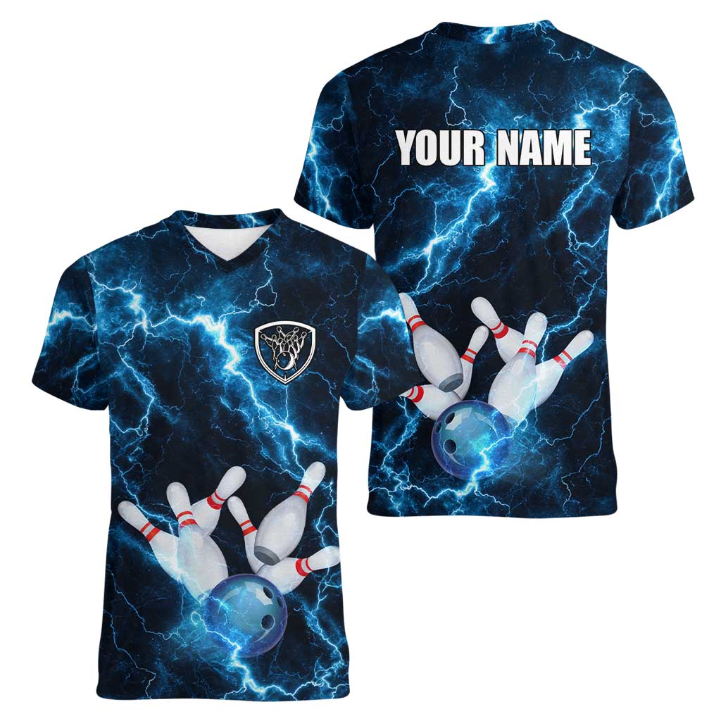 Personalized Bowling Ball Strike Graphic Women V-Neck T-Shirt Blue Lightning Storm and Electric Energy - Wonder Print Shop