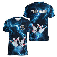 Personalized Bowling Ball Strike Graphic Women V-Neck T-Shirt Blue Lightning Storm and Electric Energy - Wonder Print Shop