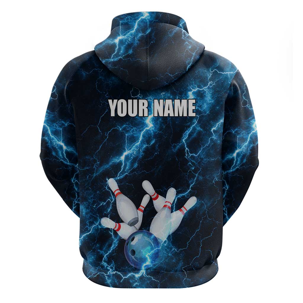 Personalized Bowling Ball Strike Graphic Zip Hoodie Blue Lightning Storm and Electric Energy - Wonder Print Shop