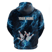 Personalized Bowling Ball Strike Graphic Zip Hoodie Blue Lightning Storm and Electric Energy - Wonder Print Shop