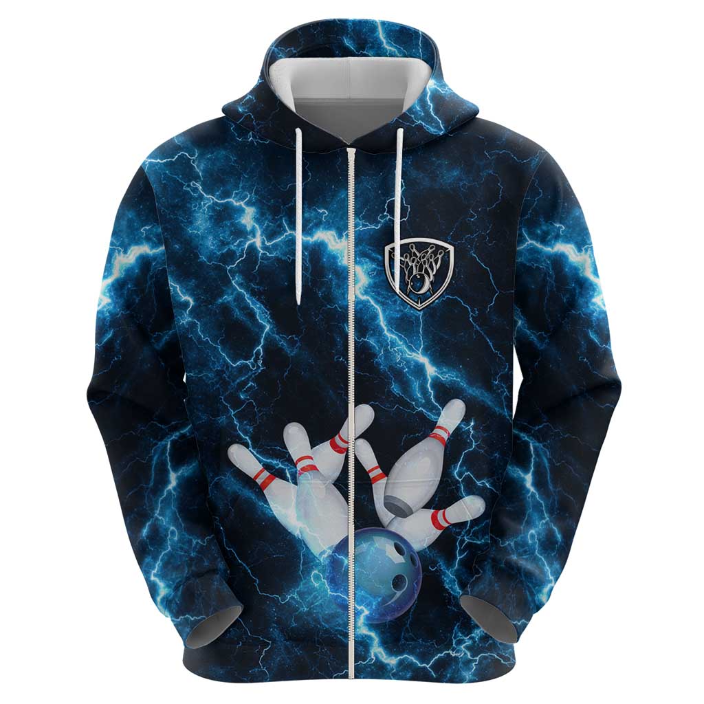 Personalized Bowling Ball Strike Graphic Zip Hoodie Blue Lightning Storm and Electric Energy - Wonder Print Shop