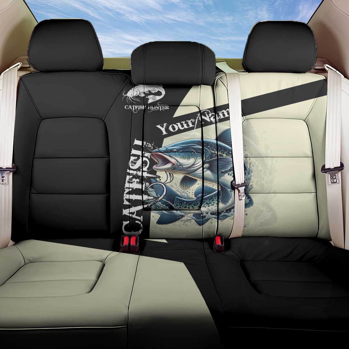 Catfish Fishing Customize Name Back Car Seat Cover Splash Effect and Black Cream Split Design - Wonder Print Shop