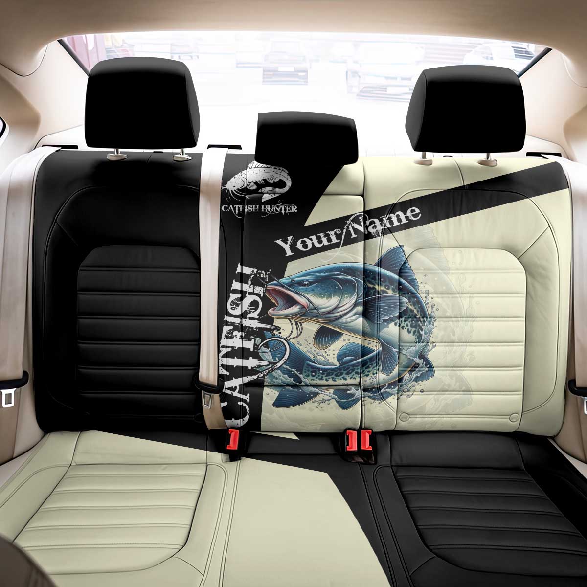 Catfish Fishing Customize Name Back Car Seat Cover Splash Effect and Black Cream Split Design - Wonder Print Shop