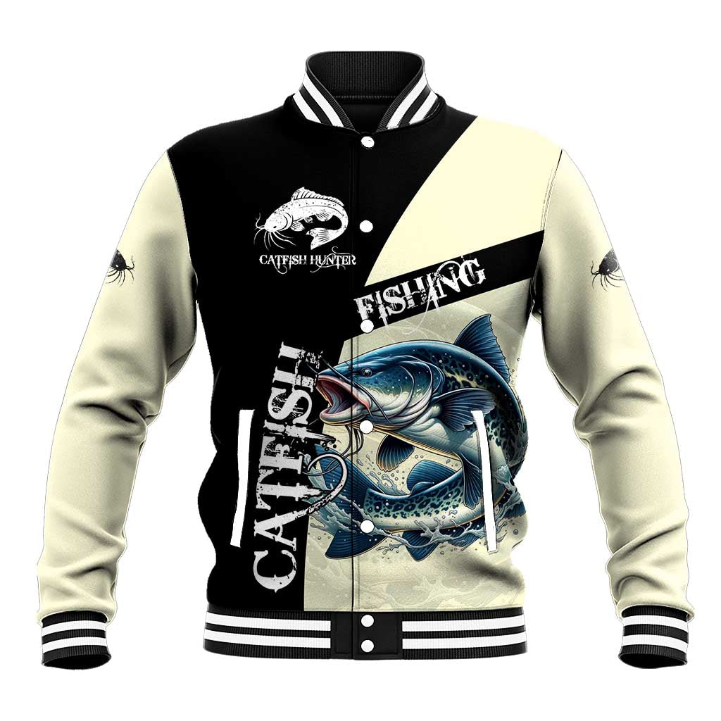 Catfish Fishing Customize Name Baseball Jacket Splash Effect and Black Cream Split Design - Wonder Print Shop