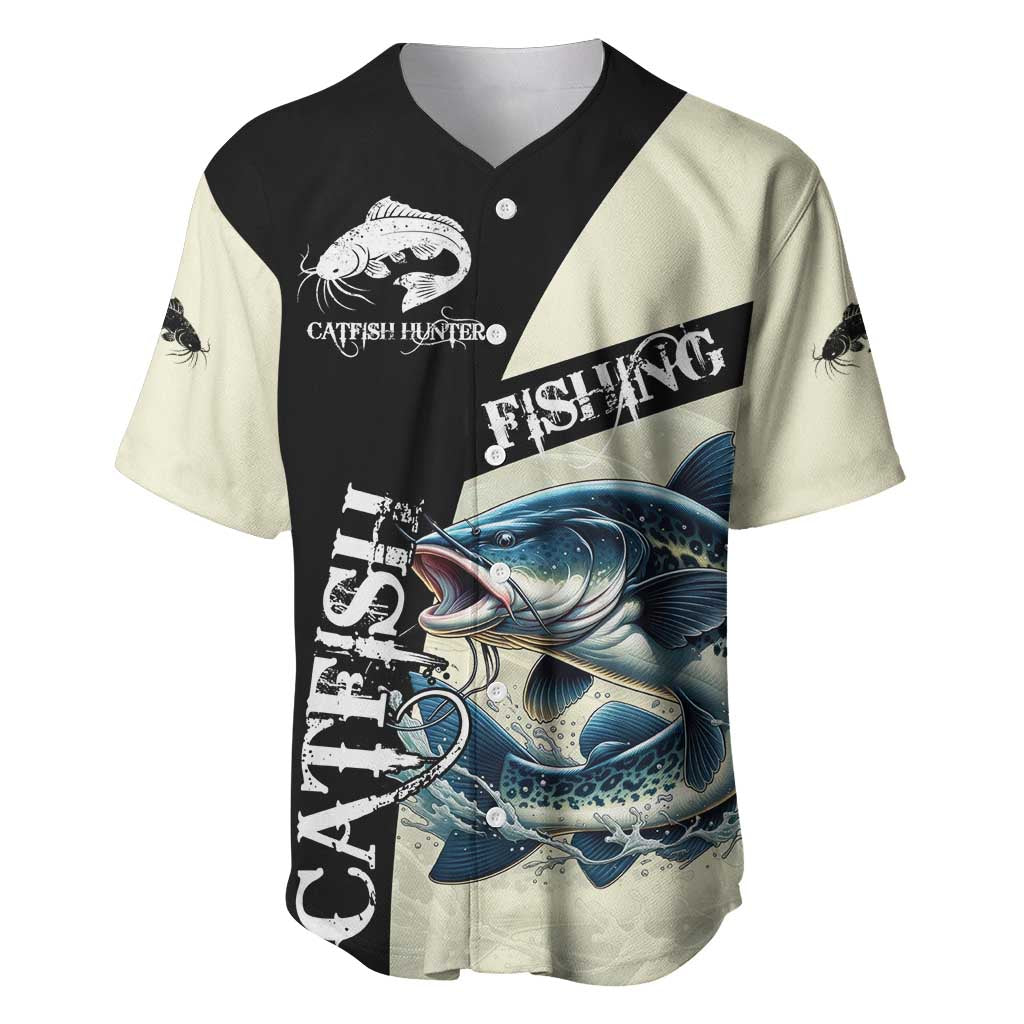 Catfish Fishing Customize Name Baseball Jersey Splash Effect and Black Cream Split Design - Wonder Print Shop