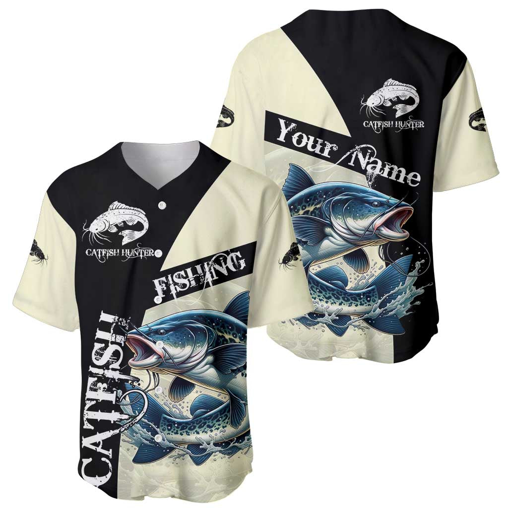 Catfish Fishing Customize Name Baseball Jersey Splash Effect and Black Cream Split Design - Wonder Print Shop