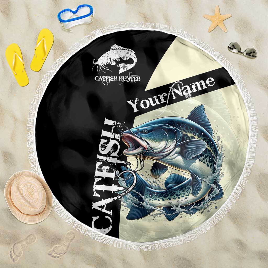 Catfish Fishing Customize Name Beach Blanket Splash Effect and Black Cream Split Design - Wonder Print Shop