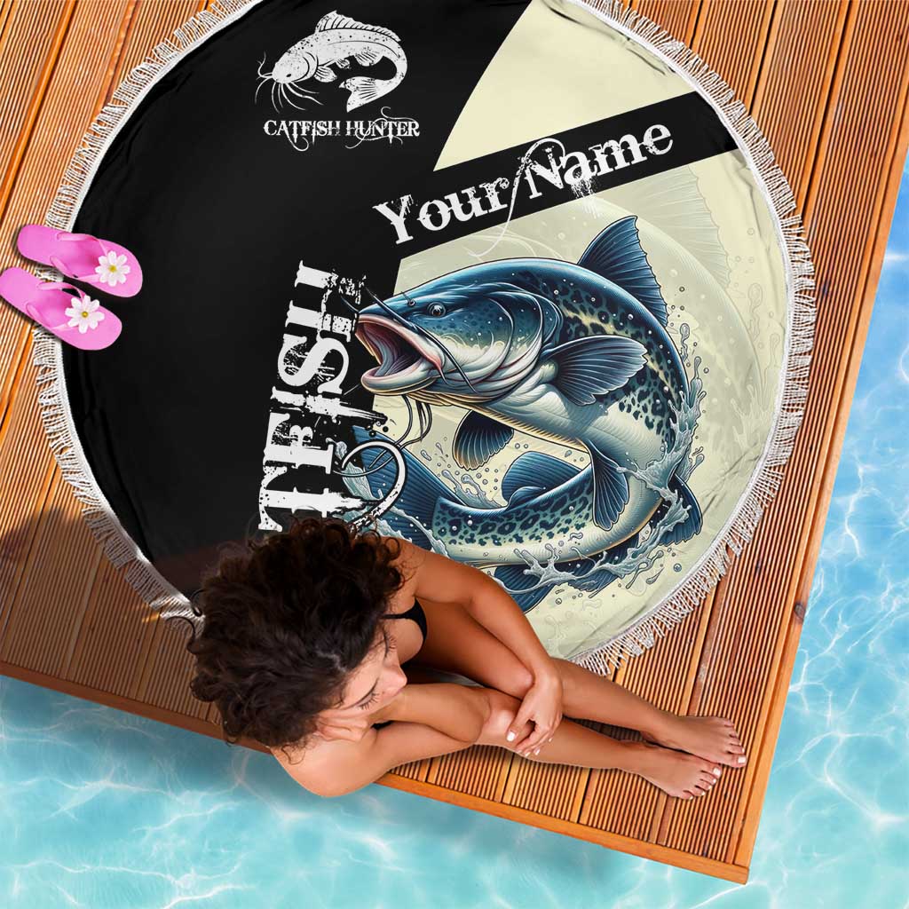 Catfish Fishing Customize Name Beach Blanket Splash Effect and Black Cream Split Design - Wonder Print Shop