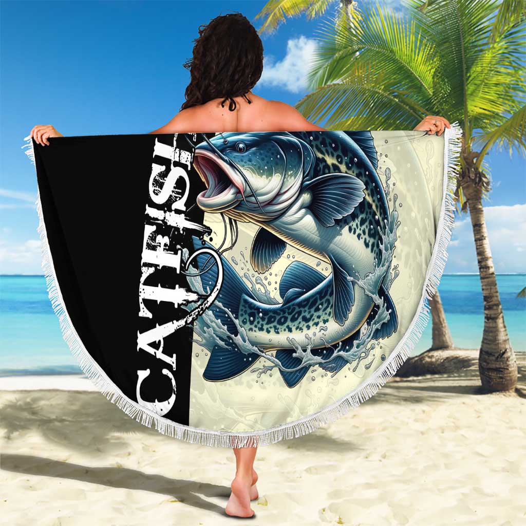 Catfish Fishing Customize Name Beach Blanket Splash Effect and Black Cream Split Design - Wonder Print Shop
