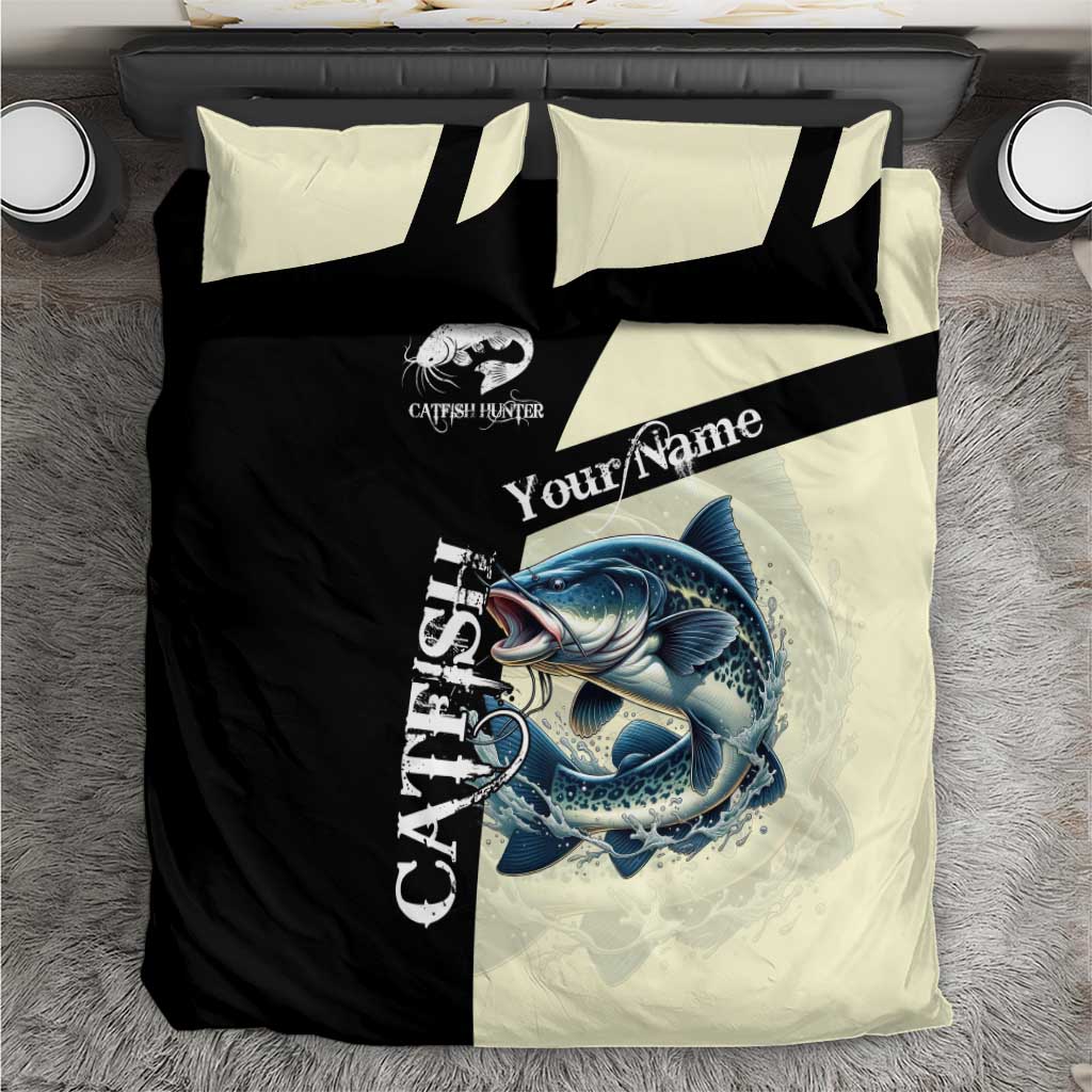 Catfish Fishing Customize Name Bedding Set Splash Effect and Black Cream Split Design - Wonder Print Shop