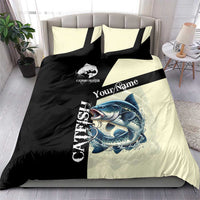 Catfish Fishing Customize Name Bedding Set Splash Effect and Black Cream Split Design - Wonder Print Shop