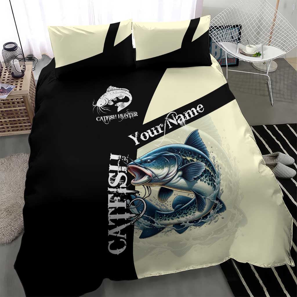 Catfish Fishing Customize Name Bedding Set Splash Effect and Black Cream Split Design - Wonder Print Shop
