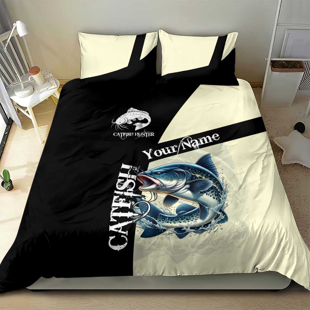 Catfish Fishing Customize Name Bedding Set Splash Effect and Black Cream Split Design - Wonder Print Shop