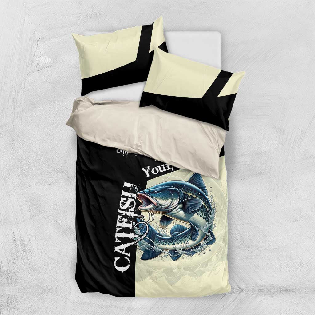 Catfish Fishing Customize Name Bedding Set Splash Effect and Black Cream Split Design - Wonder Print Shop