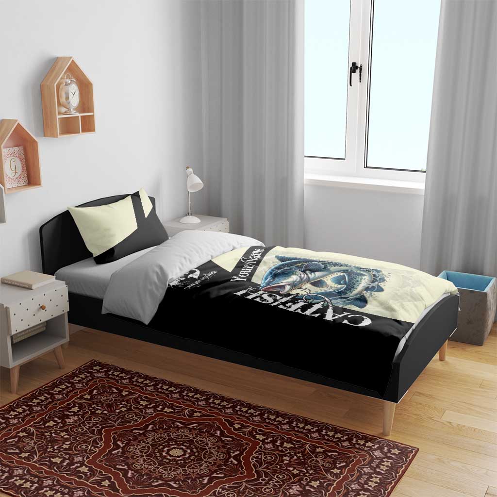 Catfish Fishing Customize Name Bedding Set Splash Effect and Black Cream Split Design - Wonder Print Shop