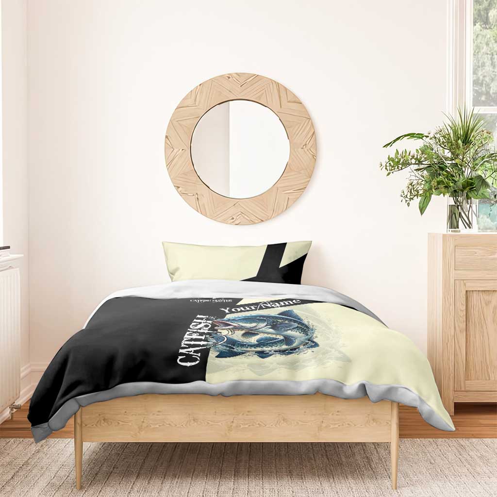 Catfish Fishing Customize Name Bedding Set Splash Effect and Black Cream Split Design - Wonder Print Shop