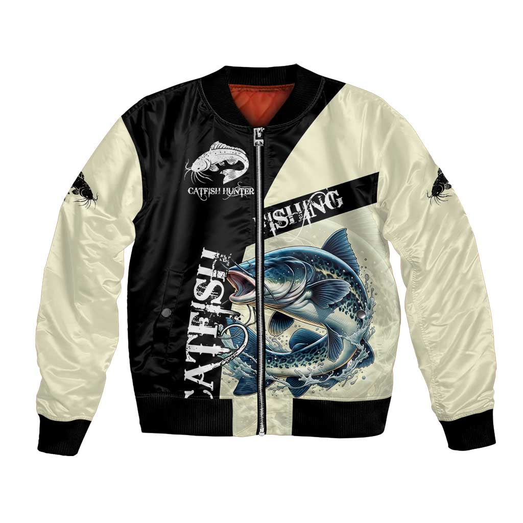 Catfish Fishing Customize Name Bomber Jacket Splash Effect and Black Cream Split Design - Wonder Print Shop