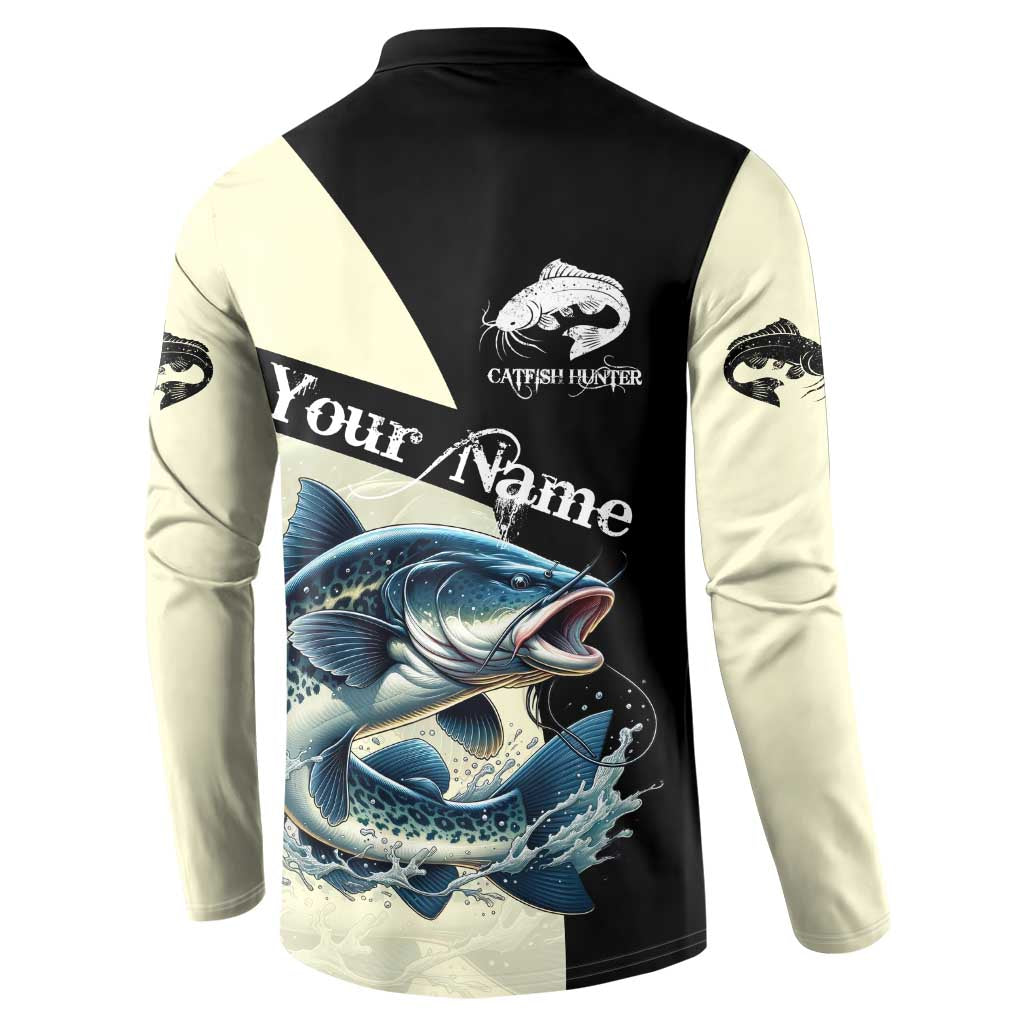 Catfish Fishing Customize Name Button Sweatshirt Splash Effect and Black Cream Split Design - Wonder Print Shop